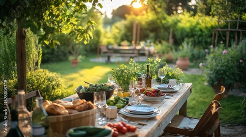Garden Table Setting with Food and Drink