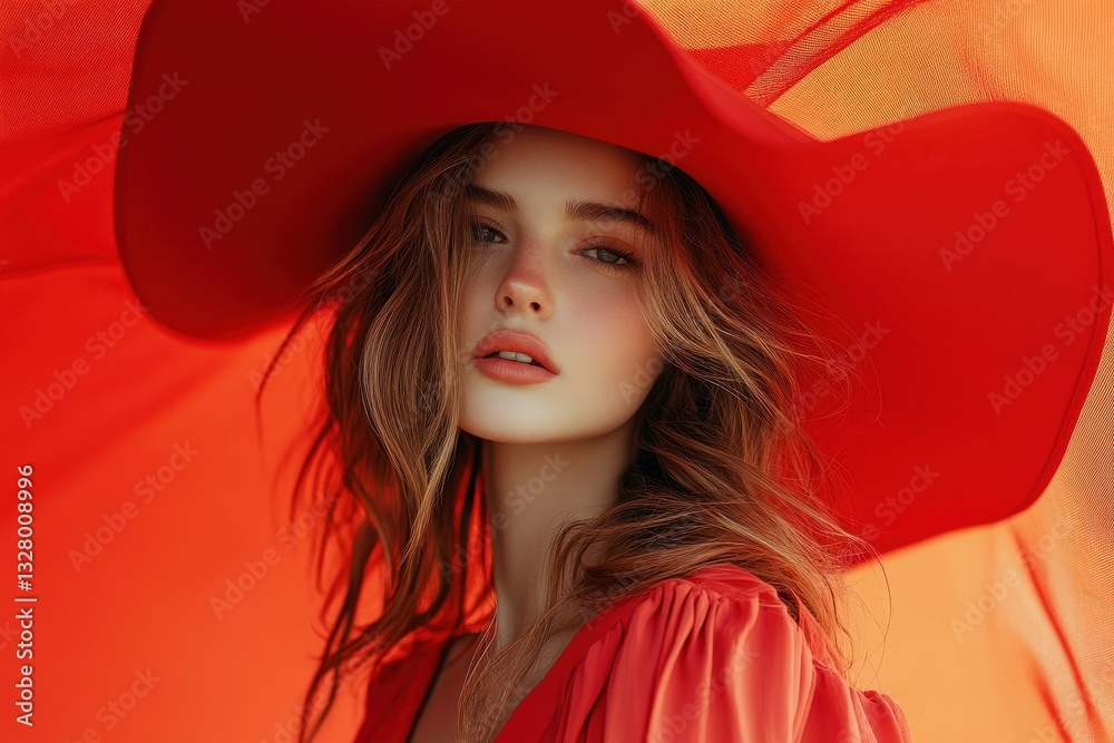Woman wearing a vibrant orange shirt poses confidently against a clear blue sky in a sunny outdoor setting Woman wearing a vibrant orange shirt poses confidently against a clear blue sky in a sunny outdoor setting