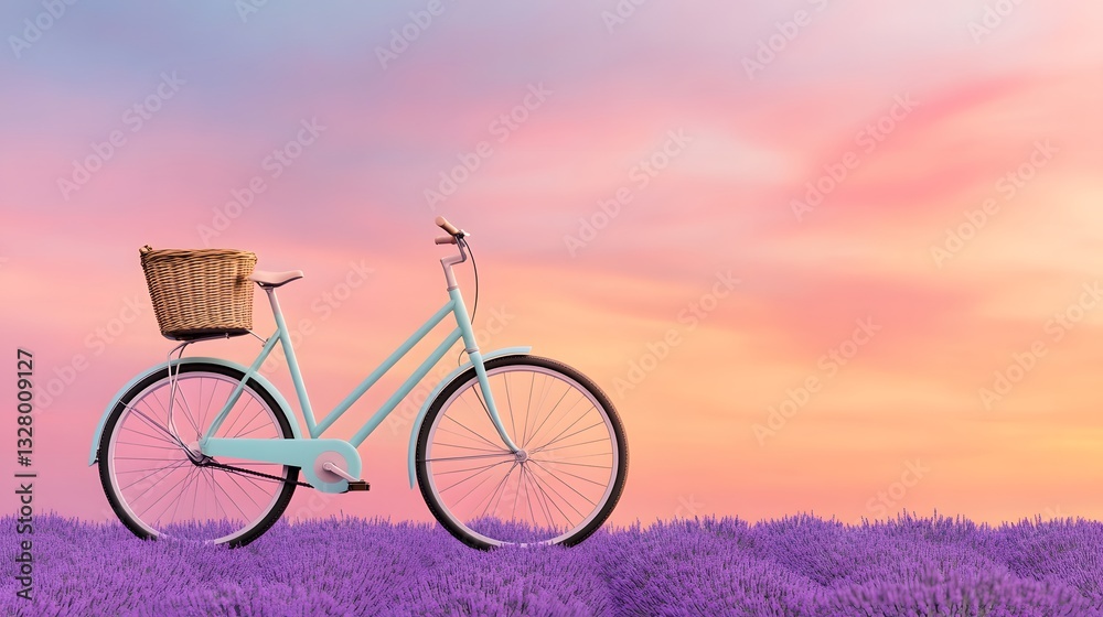 Fototapeta premium A scenic bicycle ride through a lavender field in full bloom under a pastel sunset sky