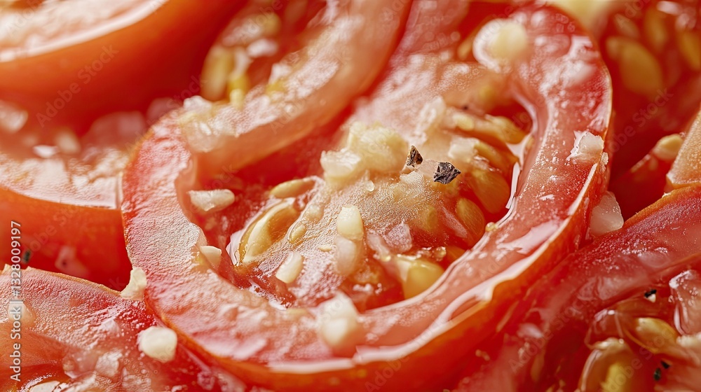 Close-up of marinated tomato slices with spices and garlic infusion Close-up of marinated tomato slices with spices and garlic infusion