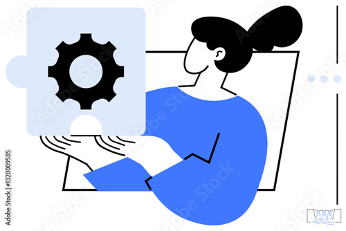 Woman in blue holding a puzzle piece featuring a gear icon, symbolizing creativity, teamwork, and problem-solving. Ideal for collaboration, innovation, strategy, development, organization education