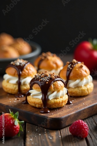 Delicious cream puffs topped with chocolate sauce and fresh strawberries on a wooden board.