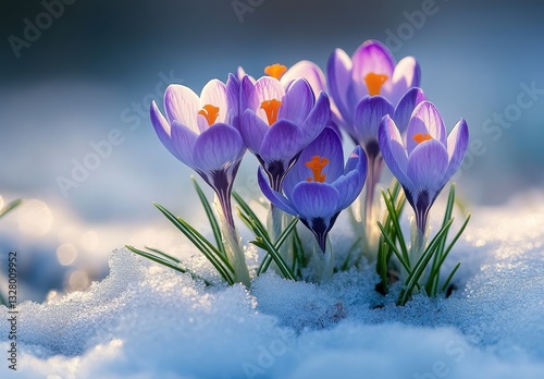 Vibrant Purple Crocuses Blooming Through Snow in Early Spring, Capturing Nature's Resilience and Beauty in Delicate Detail and Soft Light
