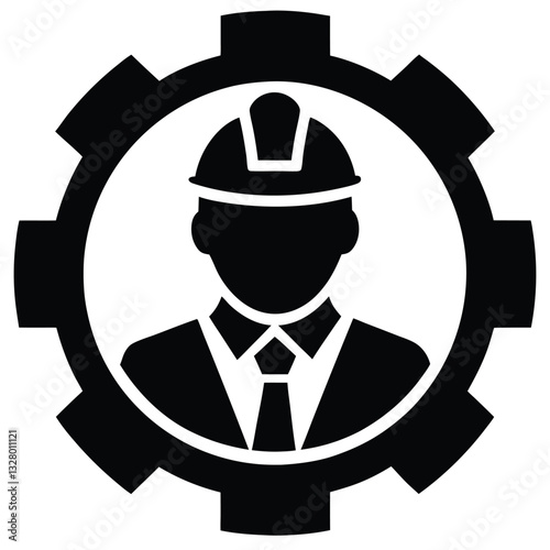 construction worker silhouette, hard hat, business suit, tie, professional attire, circular design, engineering symbol, labor representation, Black and white icon, industrial gear shape, 