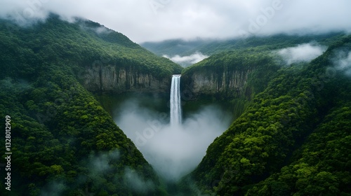 A dramatic aerial perspective of a giant waterfall plunging into a misty valley