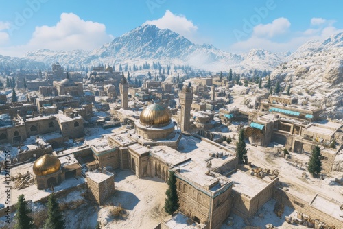 Snowy Landscape of Ancient Architecture with Golden Dome and Mountains