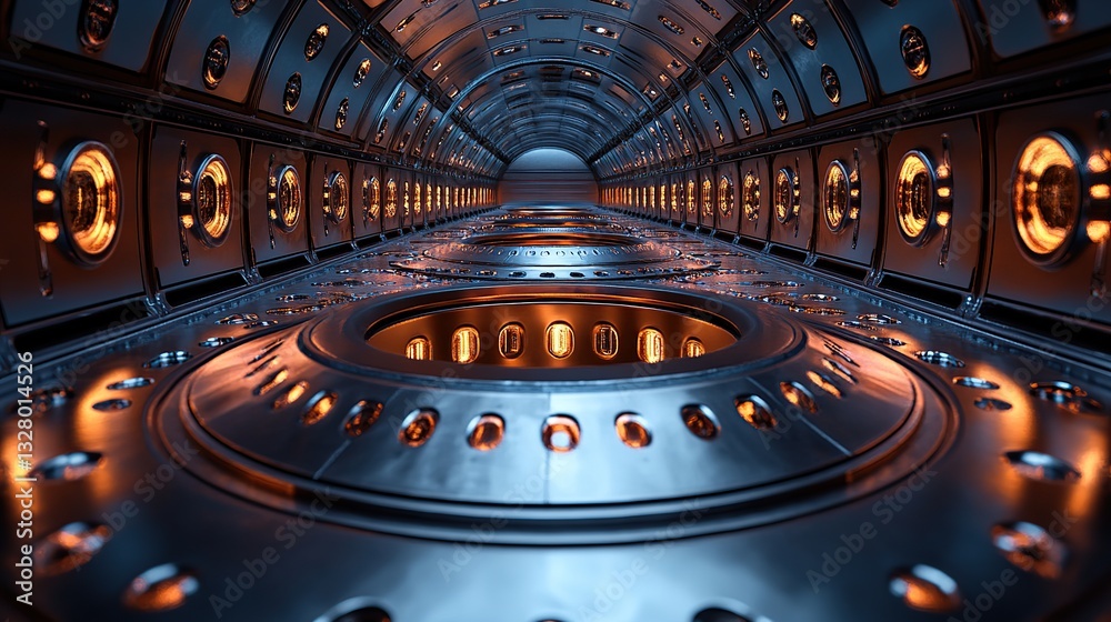 Obraz premium Futuristic, metallic tunnel with glowing circular features