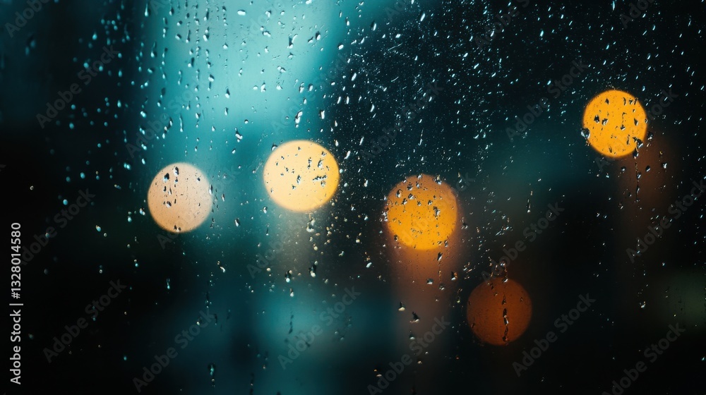 Fototapeta premium Raindrops on Window with Blurred Lights