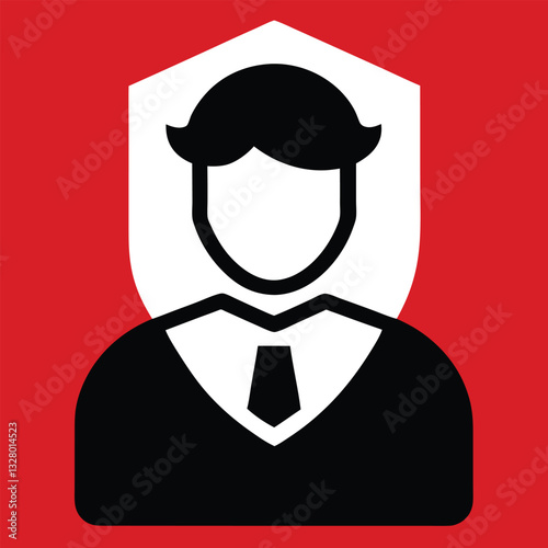  businessman silhouette, white shield background, red square, minimalist corporate logo, black and white contrast, security concept, professional avatar, geometric shapes, flat graphic sty