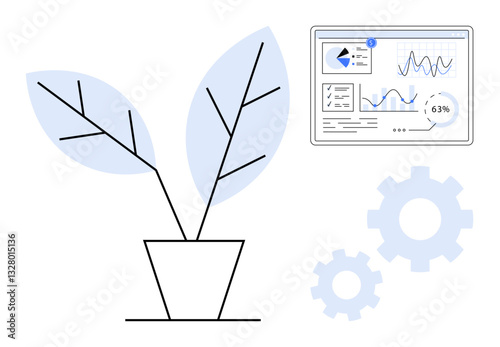 Potted plant symbolizing growth, digital dashboard showing analytics, and gears representing processes. Ideal for sustainability, innovation, technology, strategy, efficiency progress growth. A