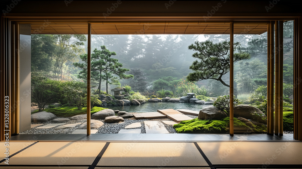 Fototapeta premium Serene Zen-inspired retreat elegantly framed through a delicate bamboo window inviting peaceful mindful escape ambiance