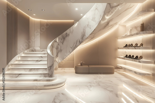 Elegant spacious foyer featuring a sweeping curved staircase and tastefully arranged seating for refined gatherings