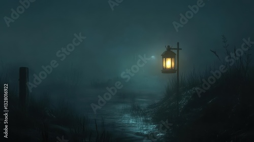 A lonely illuminated lantern lights a foggy overgrown pathway at night