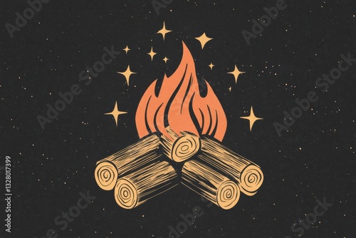 Cozy Campfire with Logs and Flames in a Starry Background