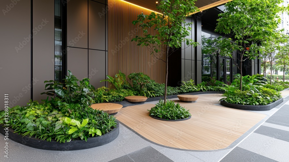 Fototapeta premium Modern Office Courtyard with Lush Greenery and Sand Pathways
