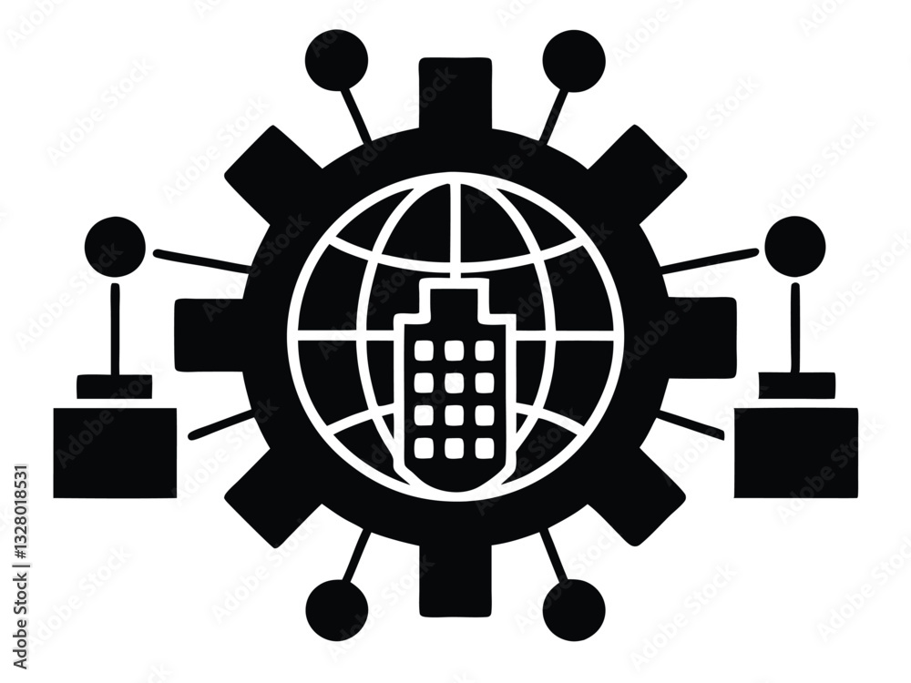 global network, connected devices, Black and white icon, city buildings, gear shape, technological concept, minimalist design, interconnected world, digital infrastructure, global network, connected devices, Black and white icon, city buildings, gear shape, technological concept, minimalist design, interconnected world, digital infrastructure,