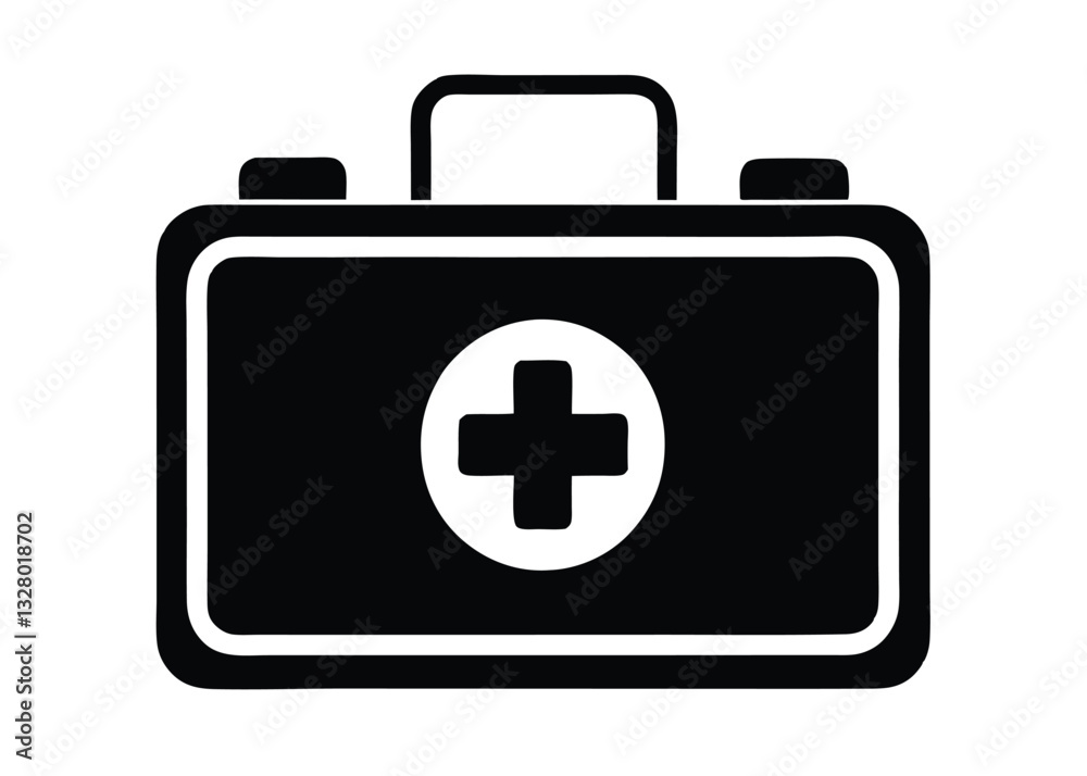 first aid kit, medical supplies, black and white icon, simple design, healthcare symbol, emergency equipment, flat graphic, minimalist illustration, cross emblem, portable case, first aid kit, medical supplies, black and white icon, simple design, healthcare symbol, emergency equipment, flat graphic, minimalist illustration, cross emblem, portable case,