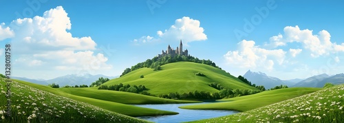A dreamy fairytale landscape with rolling green meadows, a crystal-clear river, and a distant castle