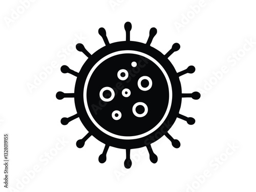 virus, microbiology, pathogen, black and white, circular shape, spikes, simplified illustration, minimalist design, scientific icon, medical symbol, infectious disease, microscopic organism, 