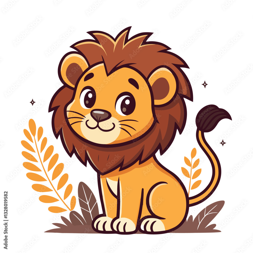 Obraz premium Cute Cartoon Lion Sitting in Lush Surroundings