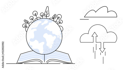 Open book supporting Earth with plants atop, symbolizing growth and knowledge. Adjacent clouds illustrate data storage and exchange. Ideal for education, sustainability, environment, innovation