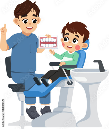 a Dentist Explaining about Teeth to a Kid on Dental Patient Chair