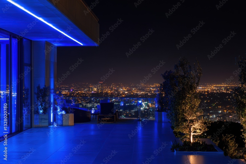 Obraz premium Modern Rooftop Terrace with City Skyline and Night Lights Views