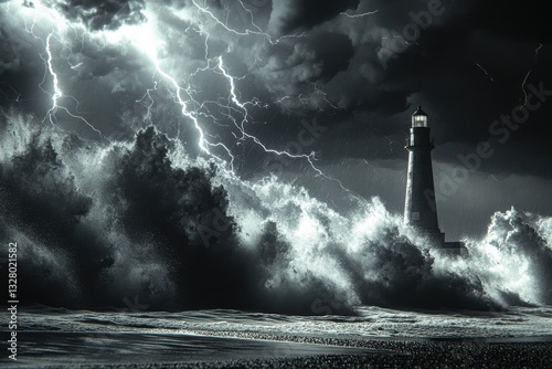 Dramatic Lighthouse Surrounded by Lightning and Roaring Waves