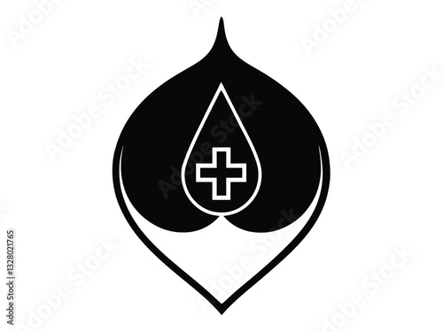 medical symbol, water drop shape, leaf motif, minimalist design, symmetrical composition, healthcare icon, organic form, negative space, bold graphic, Black and white logo, 