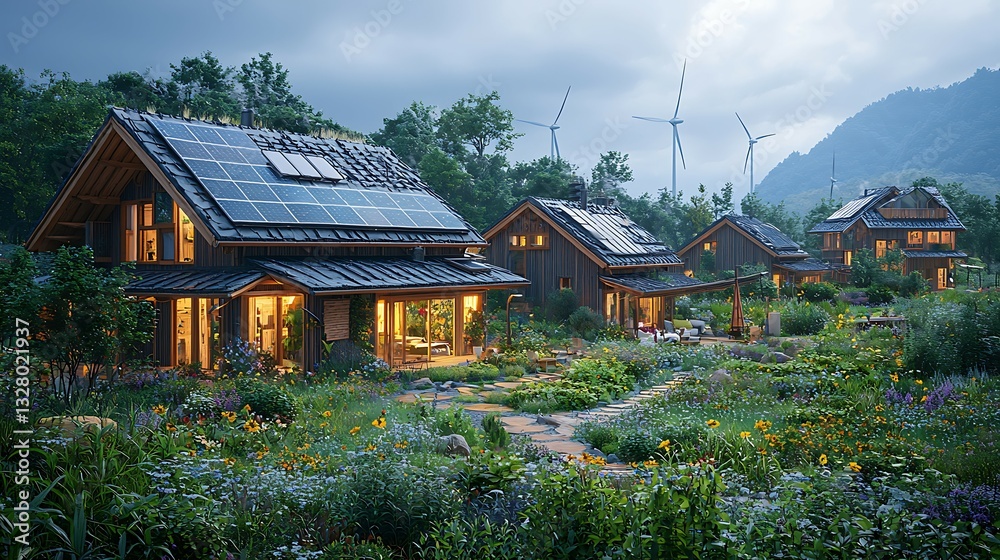 Eco-friendly Homes with Solar Panels and Wind Turbines in Rural Landscape Eco-friendly Homes with Solar Panels and Wind Turbines in Rural Landscape