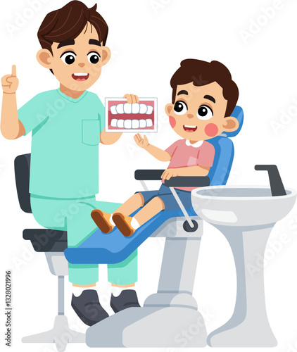 a Dentist Explaining about Teeth to a Kid on Dental Patient Chair