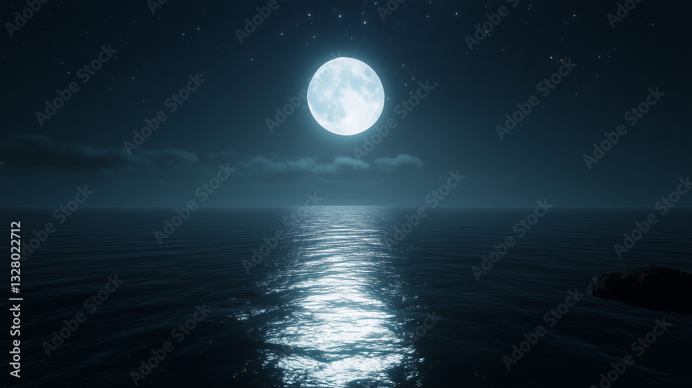 Enchanting full moon glows above a calm ocean, reflecting serene nocturnal beauty and mystic wonder Enchanting full moon glows above a calm ocean, reflecting serene nocturnal beauty and mystic wonder