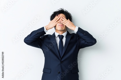 Young Businessman Covering Eyes in Stressful Office Environment