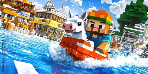 A pixelated man rides a boat with a white cartoon unicorn
