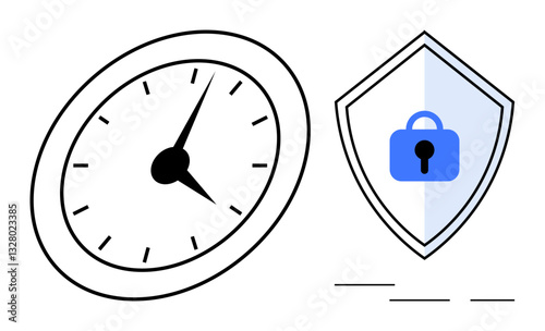Clock with bold hands and shield with blue lock symbolizing time management and security. Ideal for productivity, efficiency, cybersecurity, protection, data privacy, stability, deadline management