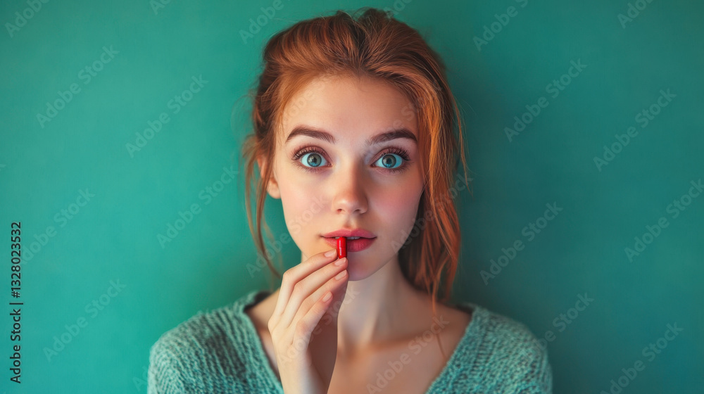 Woman holding pill promoting health and wellness with medication for personal healthcare and wellbeing promotion in a contemporary setting