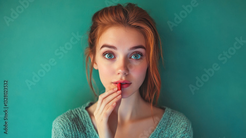 Obraz na płótnie Woman holding pill promoting health and wellness with medication for personal healthcare and wellbeing promotion in a contemporary setting w salonie
