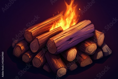 Cozy Campfire Scene with Logs and Flames in a Dark Background