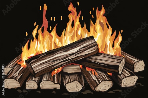 Vibrant Campfire Flames with Logs Burning in a Dark Background