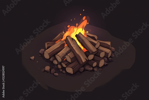 Campfire Flames with Logs on Dark Background in Illustrative Style