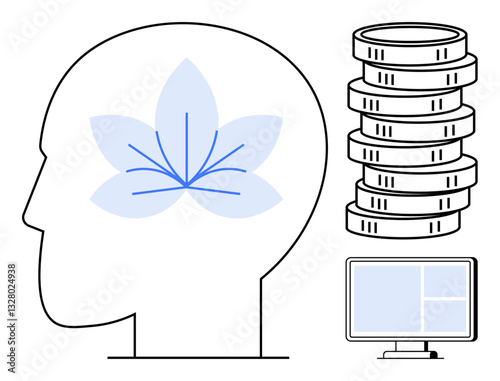Profile head with floral brain symbol, coin stacks, and monitor highlighting finance, innovation, mindfulness, technology, mental health, data analysis and digital transformation. Flat simple