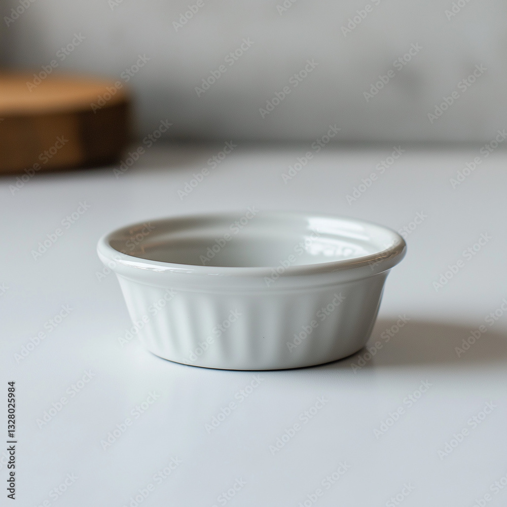 Pristine white ceramic ramekin elegantly presented on a matching white surface for gourmet culinary creations Pristine white ceramic ramekin elegantly presented on a matching white surface for gourmet culinary creations