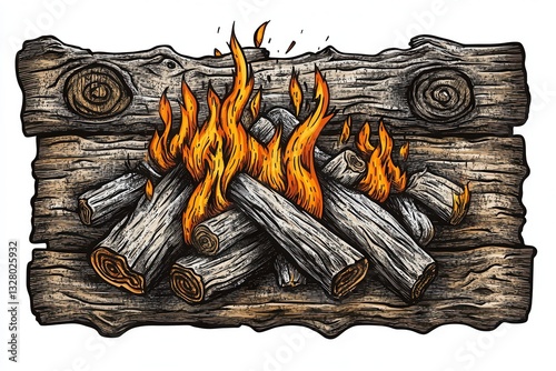 Vibrant Flames Erupting from Stacked Logs in Rustic Background