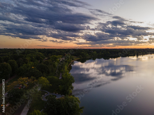 Lake view with Minneapolis skyline at dusk in Minnesota