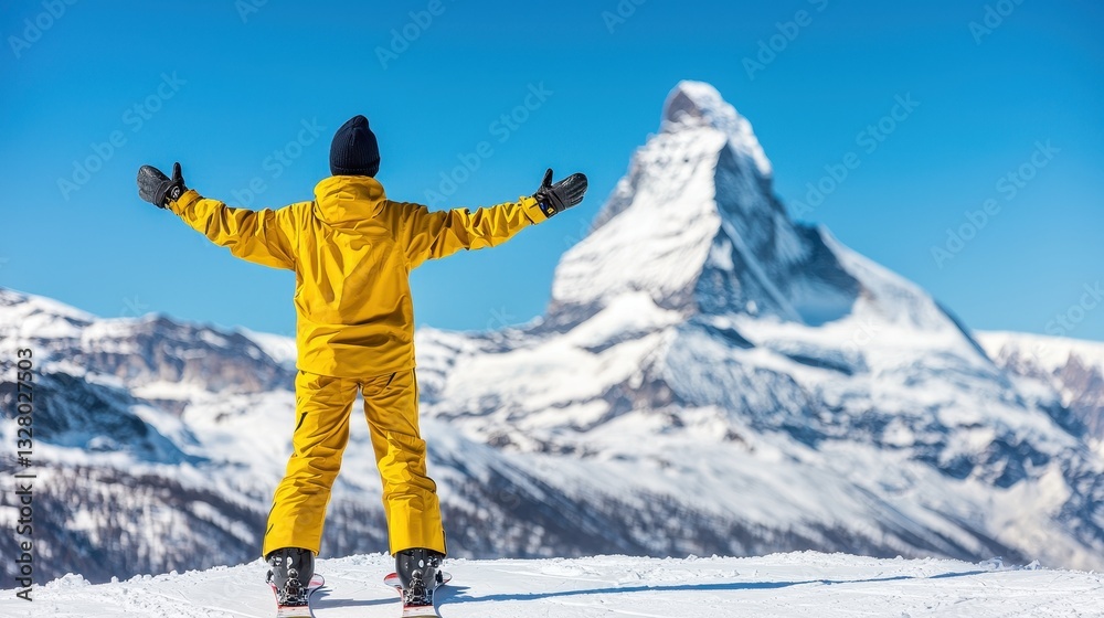 Enthusiastic Skier Embracing Winter Landscape with Mountain View Enthusiastic Skier Embracing Winter Landscape with Mountain View