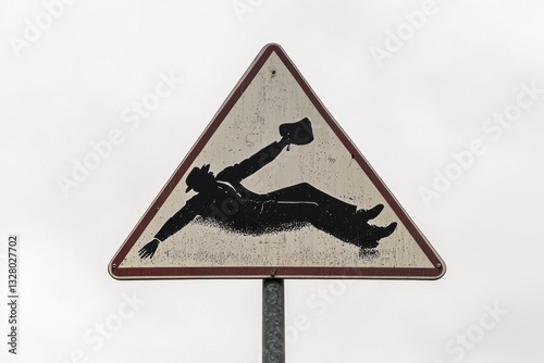 Caution Sign Depicting Falling Person in Formal Attire with Hat