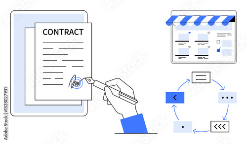 Hand signing contract document, online store front page with awning, process flowchart with arrows connecting nodes. Ideal for business agreements, e-commerce, planning, workflow, organization