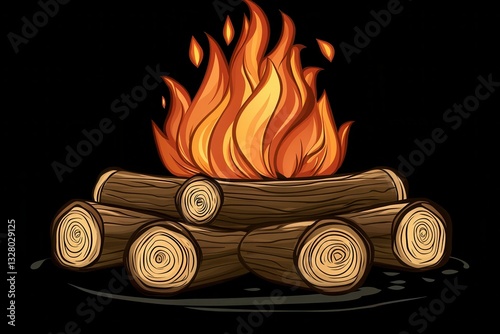 Cozy Campfire with Flames and Logs on a Black Background