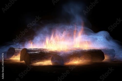 Campfire Burning with Flames and Smoke in Dark Background
