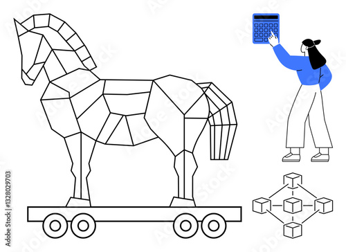 Geometric Trojan horse, blockchain diagram, and woman pressing calculator button symbolize hacking, security, and tech finance. Ideal for cybersecurity, data breach, blockchain, finance IT problems